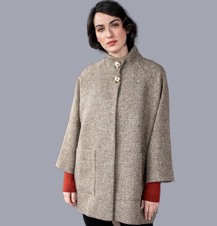 Oak Herringbone Tweed Cape Coat