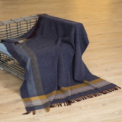 Cashmere Throw Navy with Mustard Border
