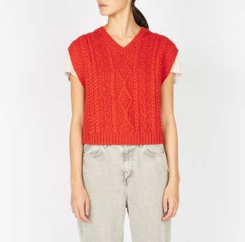 Aran V-neck Wool Vest Orange