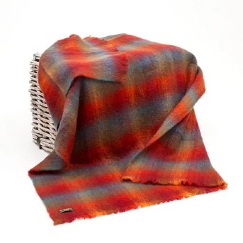 Mohair Throw Orange, Red and Denim Blue Check