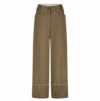 Khaki Linen-Cotton Wide Leg Trousers