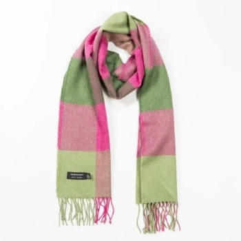 Merino Wool Scarf Green and Pink Block