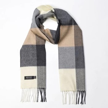 Merino Wool Scarf Camel and Grey Block Check