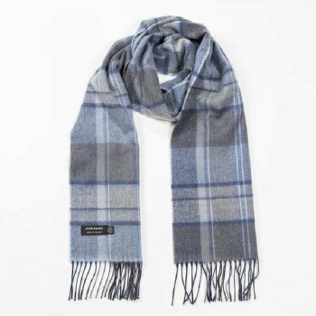 Merino Wool Scarf Steel Blue and Grey Check