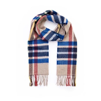 Merino Wool Scarf Beige with Blue and Red Check