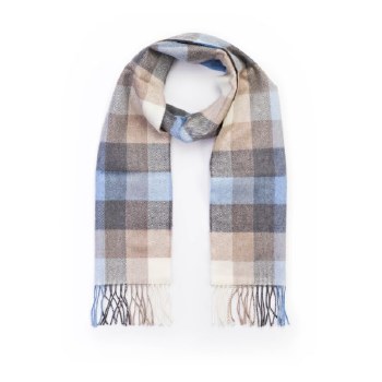 Merino Wool Scarf Beige, Stone and Blue Block Check