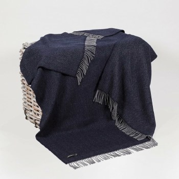 Merino-Cashmere Throw Navy and Grey Herringbone