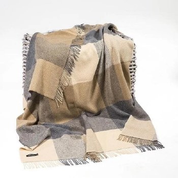 Merino-Cashmere Throw Camel, Beige and Grey Check