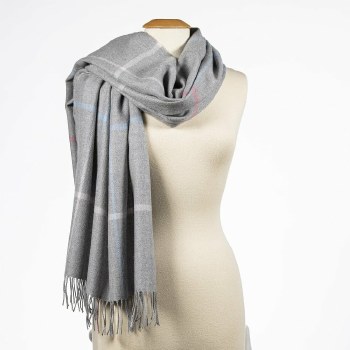 Merino Wool Wrap in Grey with Blue and Pink Check