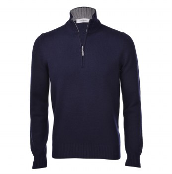 Navy Cashmere-blend Zip Neck Jumper