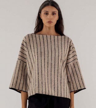 Beige and Black Striped Wool-Silk Top