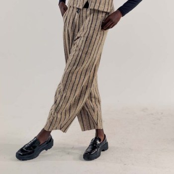 Beige and Black Striped Wool-Silk Trousers