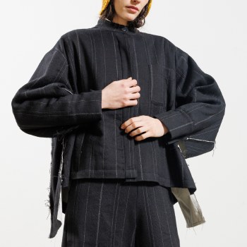Black Pinstripe Wool Jacket with Contrast Lining