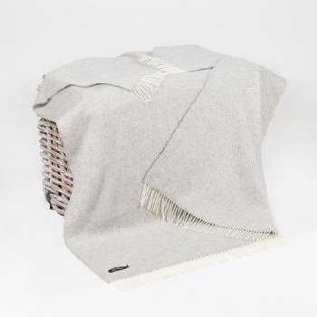 Merino-Cashmere Throw Pale Grey and Cream Herringbone