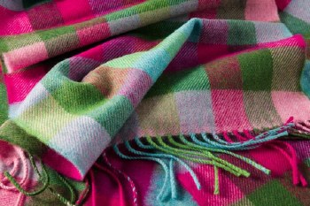 Additional picture of Merino Wool Scarf Raspberry Pink, Blue and Green Block Check