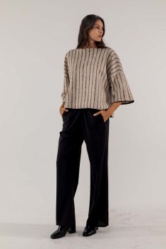 Additional picture of Beige and Black Striped Wool-Silk Top