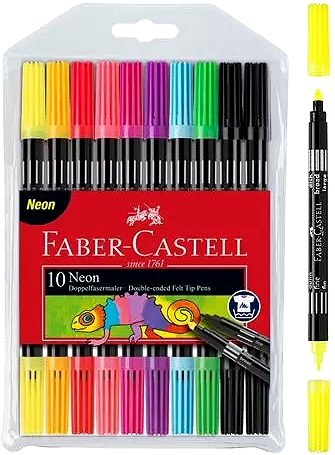 Faber-Castell Double Ended Fibre Tip Markers Neon (Pack 10)
