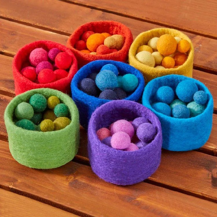 Rainbow Felt Nesting Bowls and Balls (7 Bowls & 100 Balls)