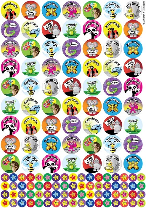 Praise Word Animals & Smiley Star Stickers 25mm & 10mm (A4 sheet with 131 stickers)