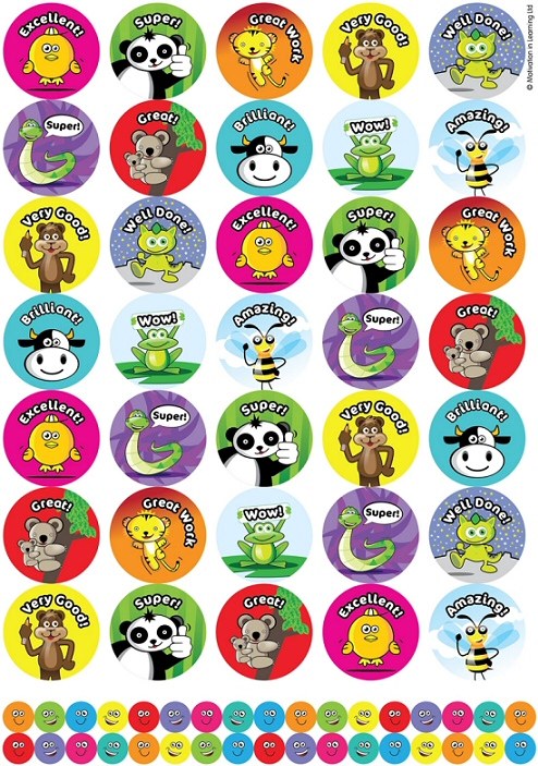 Praise Word Animals & Smiley Star Stickers 35mm & 10mm (A4 sheet with 69 stickers)