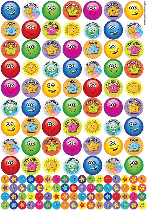 Praise Word Stars & Smiley Face Stickers 25mm & 10mm (A4 sheet with 131 stickers)