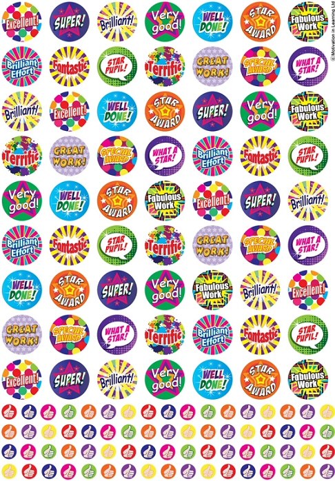 Praise Words & Thumbs Up Stickers 25mm & 10mm (A4 sheet with 131 stickers)