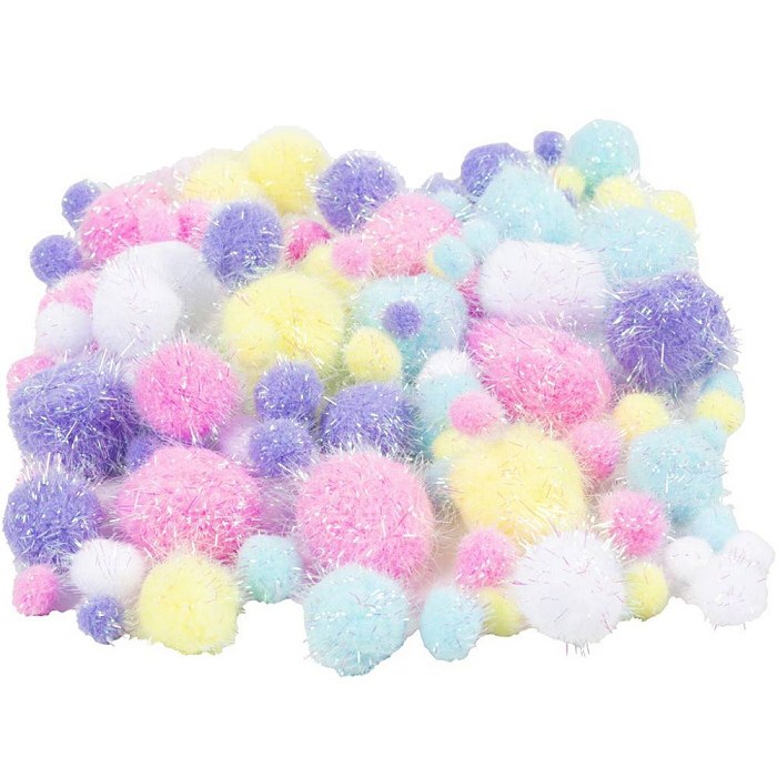 Pastel Glitter Pom Poms Assorted Colours 15-40mm (Pack 100)