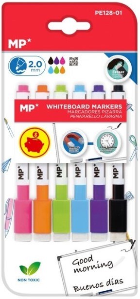 MP* Pupils Whiteboard Markers with Eraser Assorted Bright Colours (Pack 6)