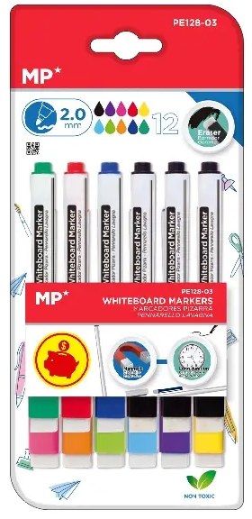 MP* Pupils Whiteboard Markers with Eraser Assorted Colours (Pack 12)