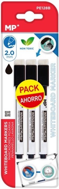 MP* Pupils Whiteboard Markers with Eraser Black (Pack 3)