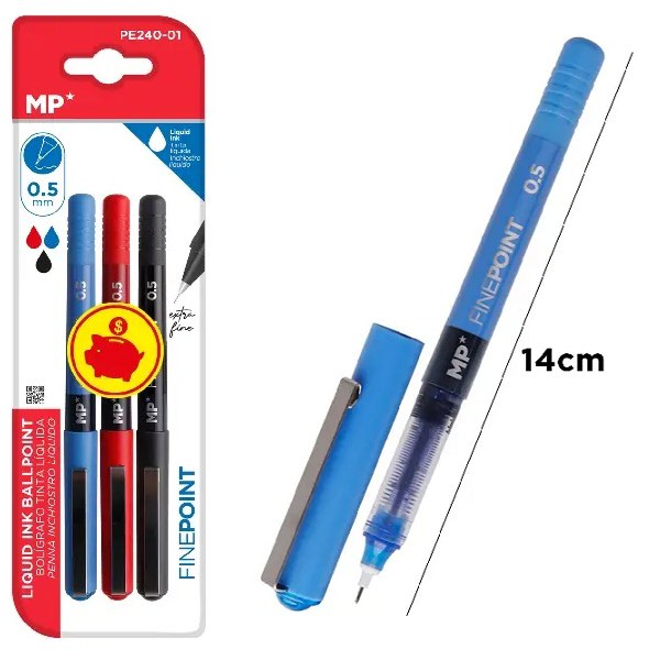 MP* Liquid Ink Needle Point Ball Pen 0.5 Assorted (Pack 3)