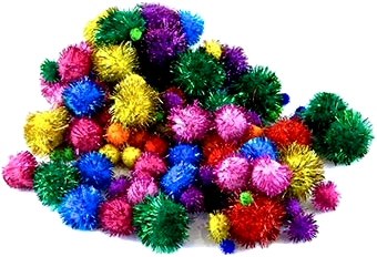 Glitter Pom Poms Assorted Colours 15-40mm (Pack 100)