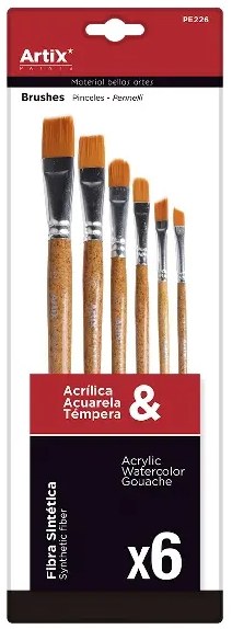 Artix Long Handle Flat Synthetic Fibre Mixed Media Brushes (Set 6)