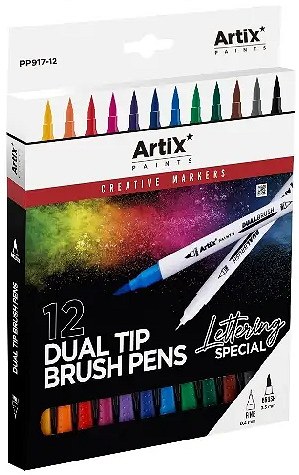 Artix* Dual-Tip Brush Pens 0.4mm & 3.5mm (Pack 12)