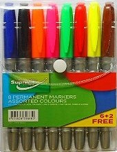 Assorted Coloured Permanent Markers Slim Medium Bullet TIp (Pack 6 + 2 Free)