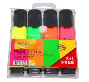 Supreme Assorted Coloured Highlighters (Pack 3+1 Free)