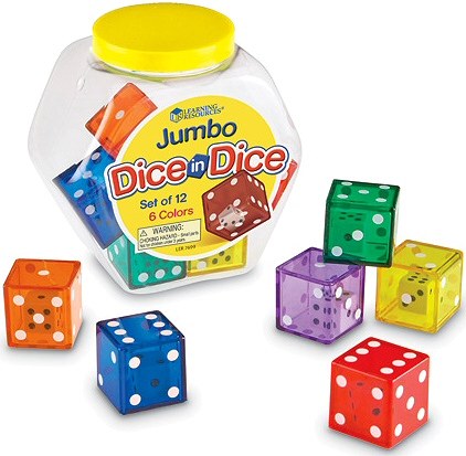 Jumbo 6 Dot Dice in Dice 30mm Assorted Colours (Tub 12)