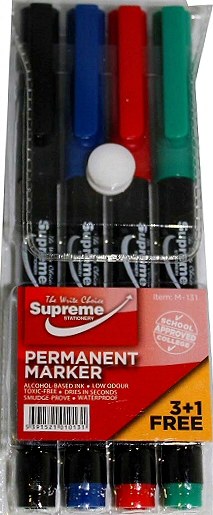 Assorted Coloured Permanent Markers Slim Fine Bullet Tip (Pack 3 + 1 Free)
