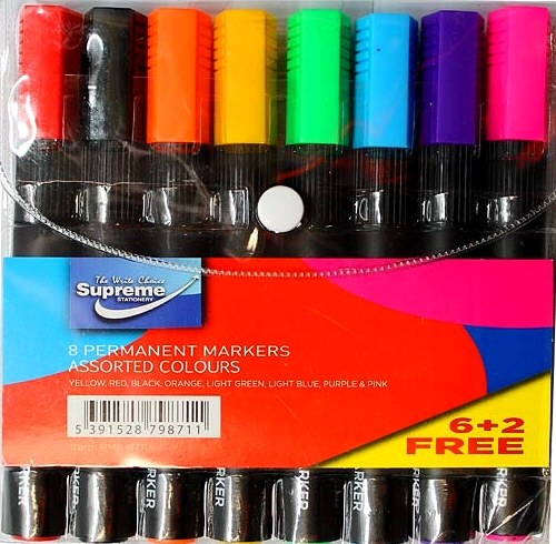 Assorted Coloured Permanent Markers Chisel Tip (Pack 6 + 2 Free)