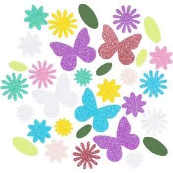 Adhesive Glitter Butterfly, Leaf & Flowers Assorted Sizes & Colours (Pack 120)