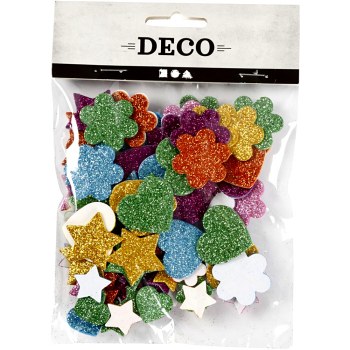 Additional picture of Adhesive Glitter Foam Hearts, Stars & Flowers Assroted Colours (Pack 100)