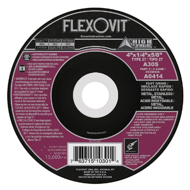 GRINDING WHEEL, 4" X 1/4" X 5/8", TYPE 27, METAL, STAINLESS