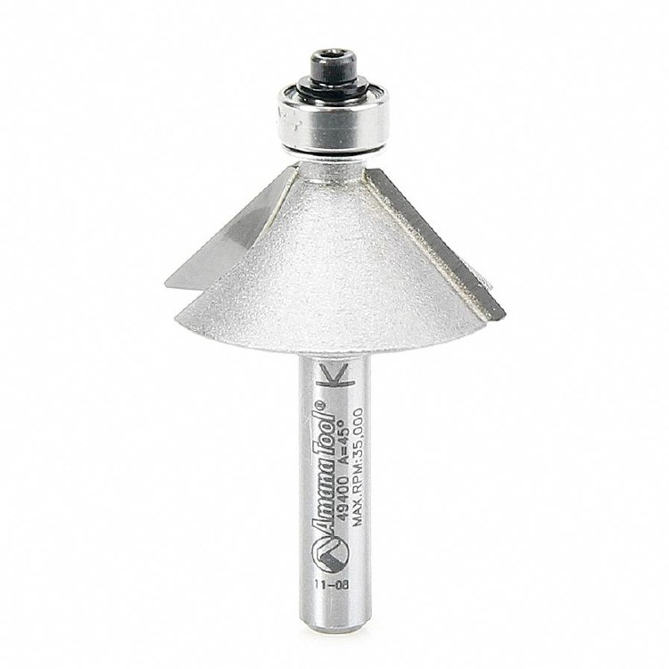 ROUTER BIT, 2 FLUTE, 45 DEGREE CHAMFER, SHALLOW DEPTH, WITH BALL BEARING
