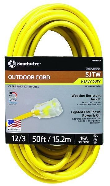 EXTENSION CORD, YELLOW 12/3, 50 FT., LIGHTED ENDS