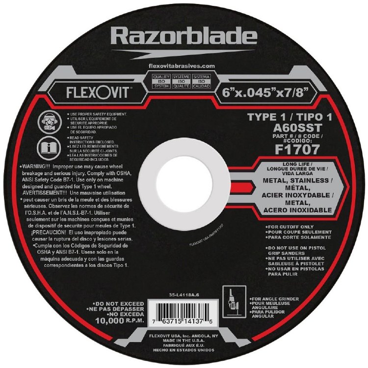 CUTOFF WHEEL, 6" X .045" x 7/8" ARBOR,  A60 SST, METAL & STAINLESS