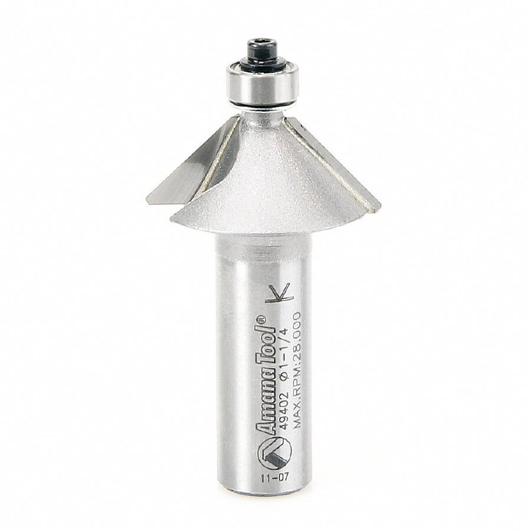 ROUTER BIT, 2 FLUTE, 45 DEGREE CHAMFER, MEDIUM DEPTH, WITH BALL BEARING
