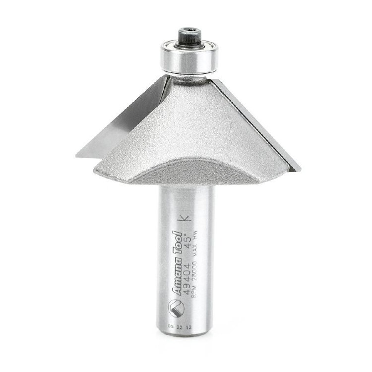 ROUTER BIT, 2 FLUTE, 45 DEGREE CHAMFER, DEEP CUT, WITH BALL BEARING