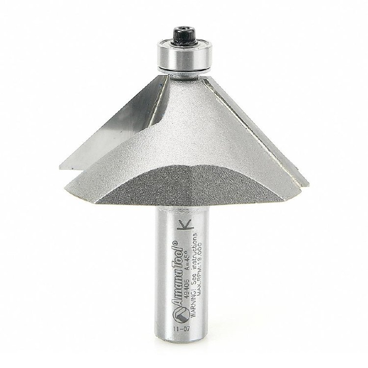 ROUTER BIT, 2 FLUTE, 45 DEGREE CHAMFER, DEEP CUT, WITH BALL BEARING