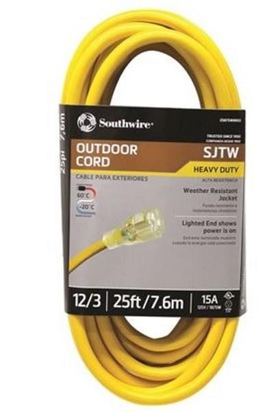 EXTENSION CORD, YELLOW, 12/3 AWG, 25 FT, LIGHTED END-SJTW