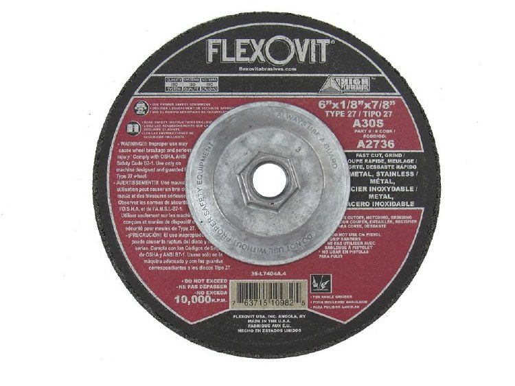 CUT/GRINDING WHEEL, 6" X 1/8" x 7/8" ARBOR,  A30S, METAL & STAINLESS